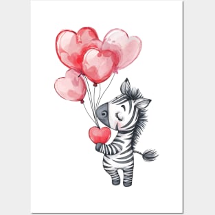 Valentine Zebra Holding Heart Shaped Balloons Posters and Art